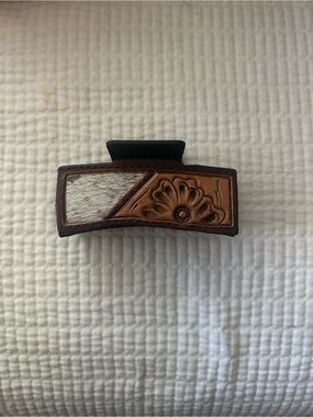 Leather Floral Hair Clip with Cowhide Accent - Brown & White